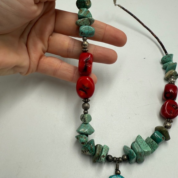 Southwestern Boho Turquoise Stone Pendant Necklace Artisan Leather Cord - Picture 4 of 6